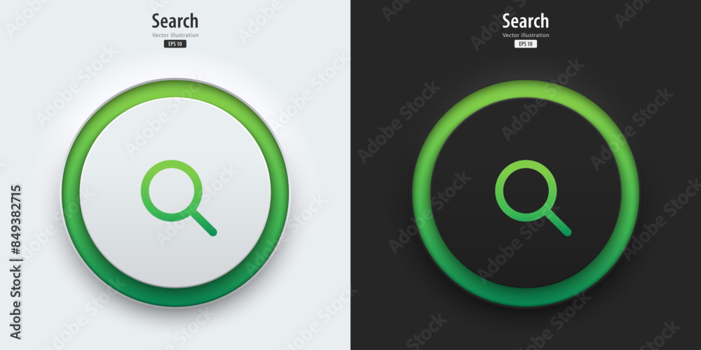 Leinwandbilder search icon. a set of black and white buttons have green neon lights with search symbols. 3d icon in