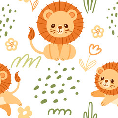 Seamless pattern cute small lion with green leaves cartoon animal design vector illustration on white background