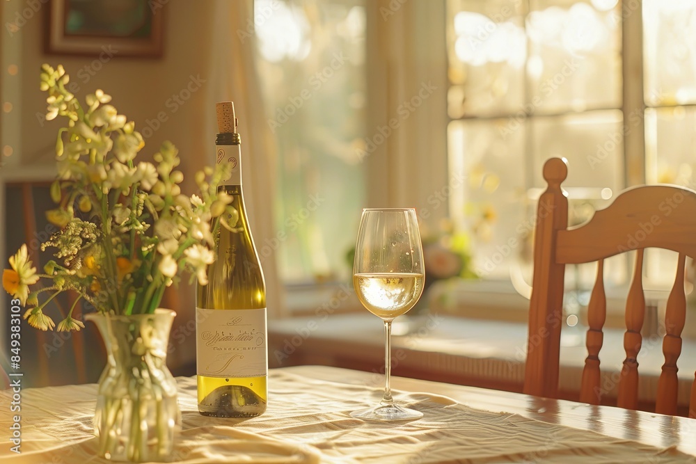 Canvas Prints White Wine in Sunlit Room: A cozy table scene with a bottle