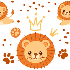 Seamless pattern cute small lion with golden crown king cartoon animal design vector illustration on white background