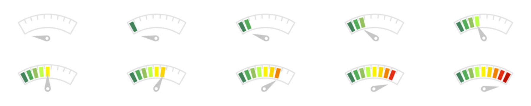 White speedometer icon set. Collection of customer satisfaction counters. Vector on isolated white background. EPS 10.