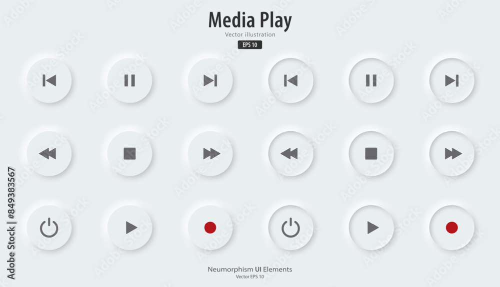 Fototapete A set of white round buttons with music play symbols. Active and inactive status. Play music icon. 3D Neumorphism design style for Websites, Interfaces, and mobile apps. UI UX. Vector illustration.