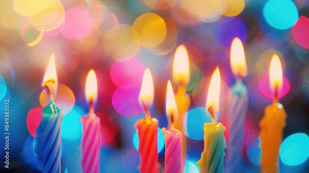 Poster a close-up view of multiple lit candles sitting on top of a cake