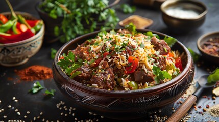 A fragrant bowl of Iranian Sabzi Polo with herbed rice, served with a side of kuku sabzi and fresh herbs like parsley, cilantro, and dill