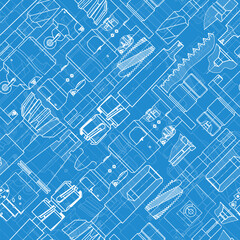 Mechanical engineering drawings on blue background. Tap tools, borer. Technical Design. Cover. Blueprint. Seamless pattern. Vector illustration.