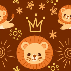 Seamless pattern cute small lion with golden crown king cartoon animal design vector illustration on brown background