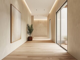 Obraz premium Elegant corridor featuring light wood floors and expansive windows that let in ample natural light.