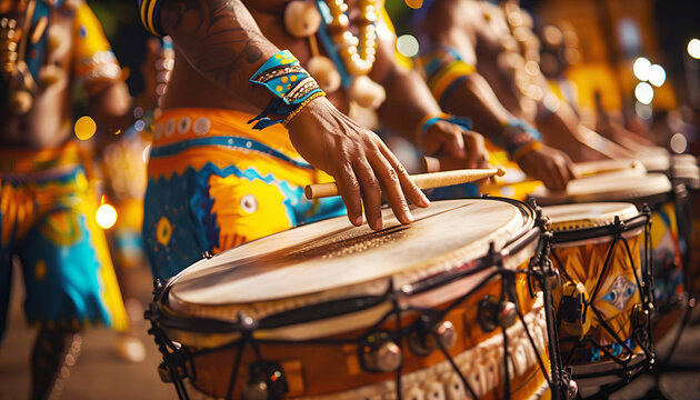 Brazilian Carnival scene, drummers play vibrant samba rhythms. A close-up photo captures a man's palm on the drum's edge. Evokes the lively spirit of Carnival in hot Rio