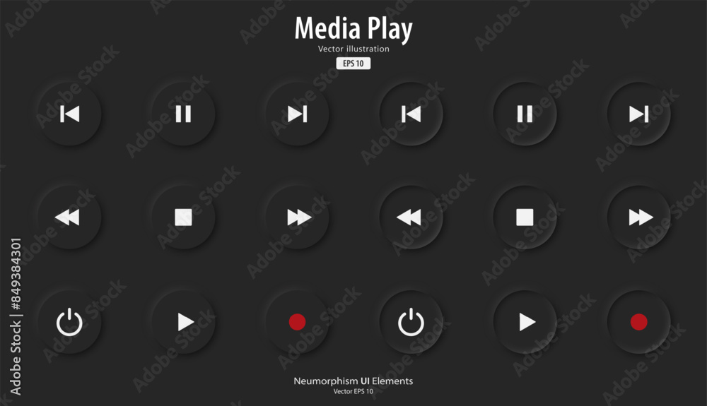 Fototapete A set of black round buttons with music play symbols. Active and inactive status. Play music icon. 3D Neumorphism design style for Websites, Interfaces, and mobile apps. UI UX. Vector illustration.