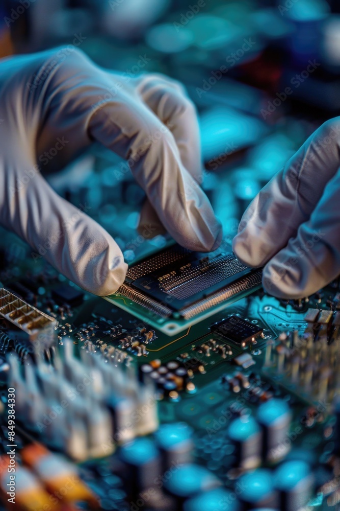 Aufkleber a close-up view of a person's hands working on a computer motherboard