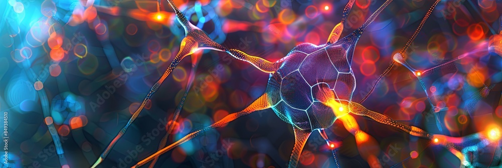 Poster A colorful, abstract illustration depicting a neural network with interconnected nodes, highlighting the complex data processing and learning capabilities of AI. Generative AI