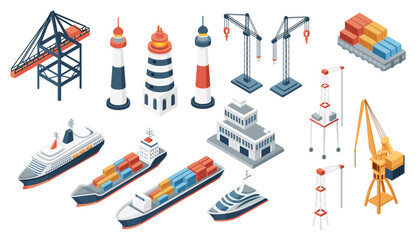 Set of 2d isometric illustration of maritime transportation industry or commercial port warehouse theme vector illustration isolated on white background