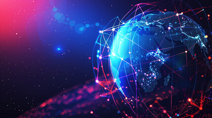 High-tech digital globe with a network of interconnected points and lines, showcasing global communication and technology, ideal for themes of innovation and connectivity