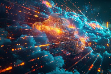 Fototapeta premium An abstract illustration depicting a cloud computing environment with digital elements representing data processing and AI operations within the cloud. Generative AI