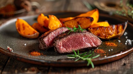 A mouthwatering scene of kangaroo fillet with a bush spice rub, grilled to perfection and served with a side of roasted yams, on a rustic plate, warm afternoon light