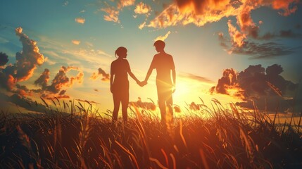 Fototapeta premium A young couple holding hands on the grass during sunset
