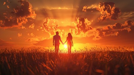 Fototapeta premium A young couple holding hands on the grass during sunset