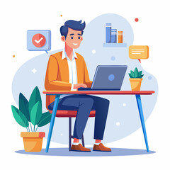 man sitting with laptop in the table wearing office dress and making social media content, Concept illustration for working, work from home