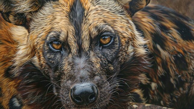painted dog staring at you, very close up