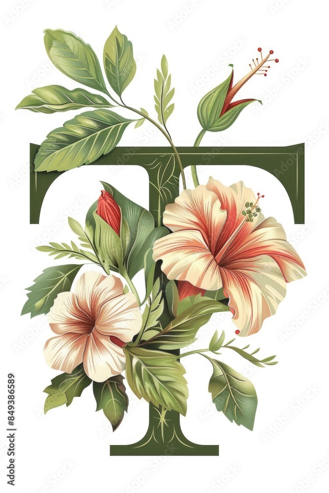 Poster a decorative letter t adorned with flowers and leaves, a unique design element for various uses