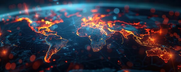 Abstract world map with glowing lines and particles