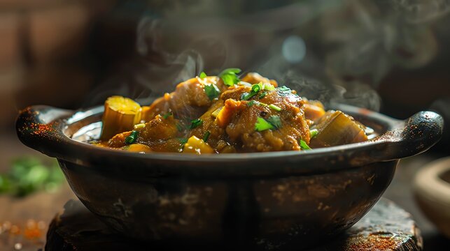 A picturesque serving of Angolan moamba de galinha with chicken, palm oil sauce, and okra, served in a traditional bowl, steam rising, rustic kitchen background, natural daylight