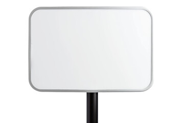 Blank white sign with metallic frame and black post isolated on transparent background. Suitable for advertisement, announcement, or information display.