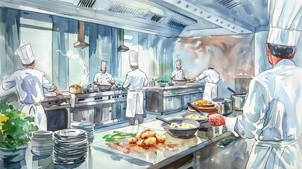 Aquarelle painting of a busy restaurant kitchen scene with several chefs preparing food.