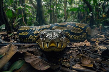 Naklejka premium A large snake lays on the forest floor, surrounded by trees and underbrush