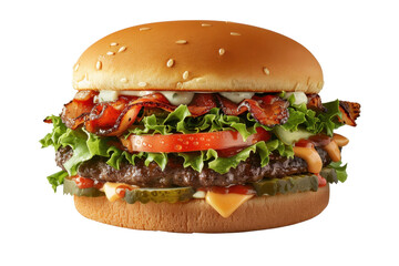 Delicious gourmet cheeseburger with fresh lettuce, tomato, crispy bacon, and pickles on a sesame seed bun, perfect for food menu or advertisement.