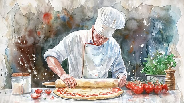 Chef in white uniform making pizza.