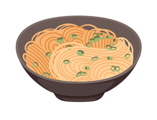 Traditional Japanese Udon in bowl with chopped green onion vector illustration isolated on white background