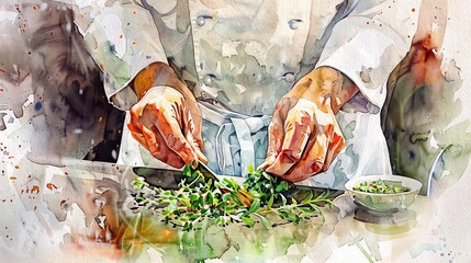 Chef's hands chopping greens on a wooden board