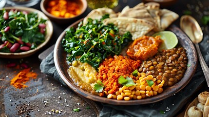 Fototapeta premium A plate of Ethiopian Misir Wat with spicy red lentil stew served on injera bread with a variety of vegetable sides like collard greens and yellow split peas