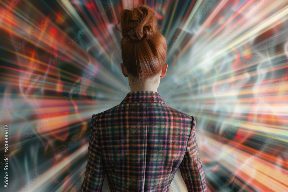 Poster a woman stands in front of a vibrant colored background, ideal for use in marketing and design proje