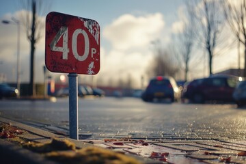 A red sign sitting on the side of a road, likely warning or directing traffic
