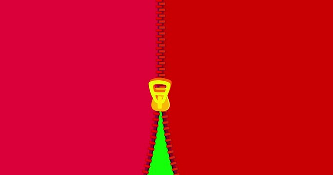 Zipper transition wipe curtain vertical red isolated background. Cartoon fastener binder animation preset. Motion design element. Business, art, education, science, fashion.