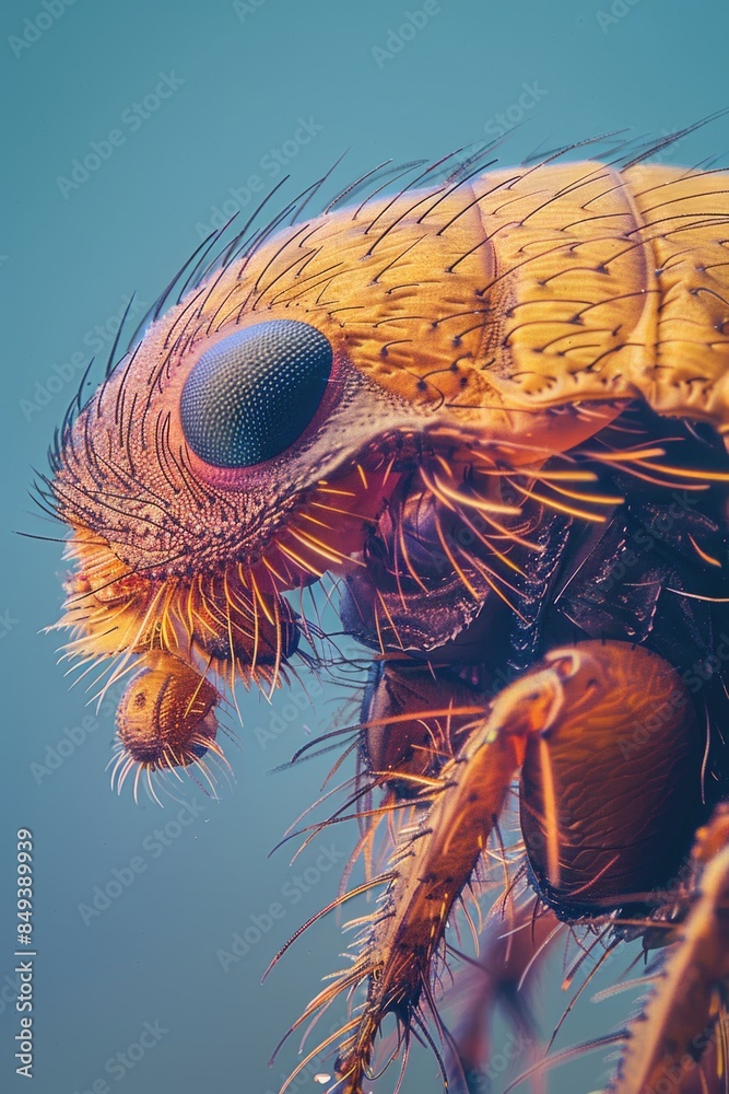 Poster close-up shot of a bug's face on a blue background