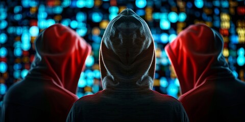 Group of Three Anonymous Hackers in Hoodies Digital Background Cyberattack Criminals