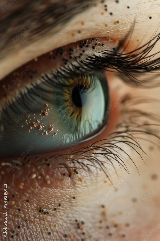 Poster a detailed view of an eye with shimmering glitter applied