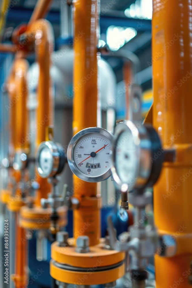 Poster a detailed view of a pressure gauge in a room, perfect for illustrating industrial or technical conc