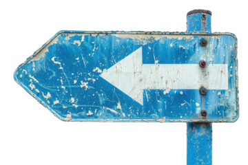 Vintage blue arrow sign pointing left with weathered texture, isolated on transparent background. Ideal for navigation or retro-themed designs.