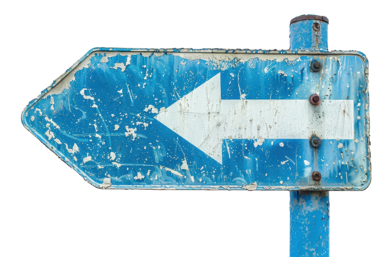Vintage blue arrow sign pointing left with weathered texture, isolated on transparent background. Ideal for navigation or retro-themed designs. - Powered by Adobe
