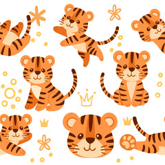 Seamless pattern cute small tiger cub with golden crown king cartoon animal design vector illustration on white background