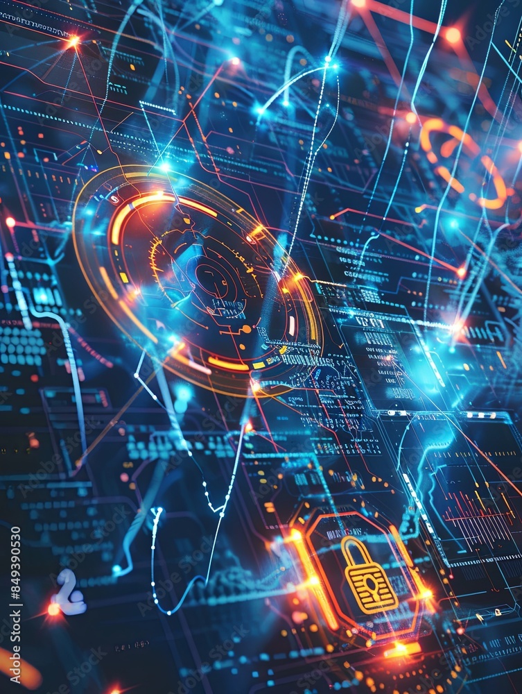 Aufkleber Abstract depiction of a futuristic cybersecurity network with digital locks, shields, and network nodes, protected by AI algorithms. Generative AI