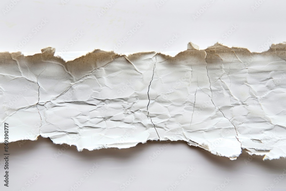 Poster A close-up shot of a torn paper fragment on a white surface, with rough edges and fibers visible