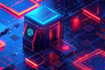 Fototapeta premium A close-up view of a computer tower surrounded by various electronic components, such as cables, fans, and accessories