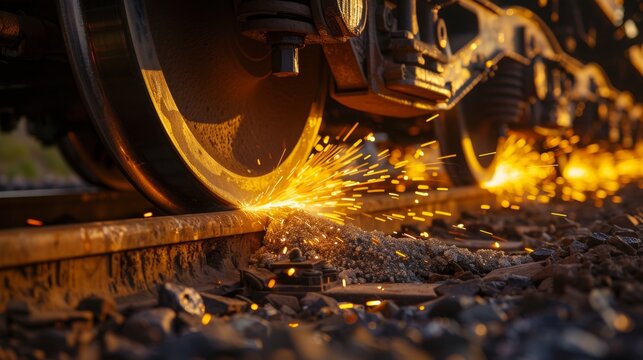 Close up of train wheel sparking during braking with empty space for adding descriptive text