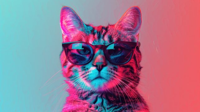 A feline friend lounging on a colorful background with trendy shades