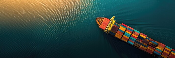 horizontal banner, marine cargo transportation, tanker with colorful containers, top view, international trade concept, copy space, free space for text